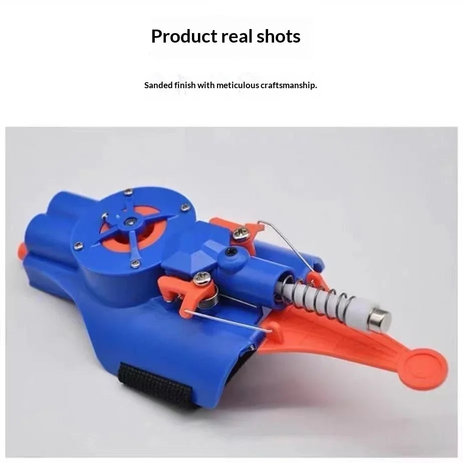Blue and orange electric auto-retractable wrist-mounted web shooter for cosplay