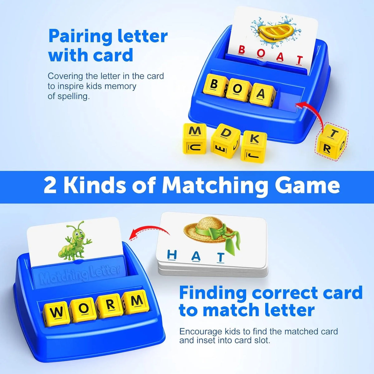 A matching letter game featuring wooden blocks and cards for teaching spelling to kids.
