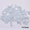 A pile of clear glass beads shaped like tulip flowers, measuring 7x14mm.