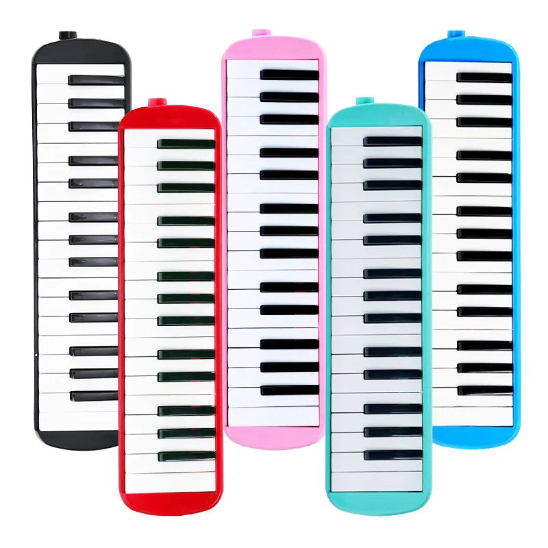 A collection of colorful 32-key portable melodica keyboards in black, red, pink, teal, and blue.