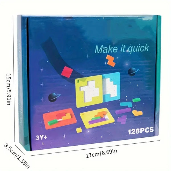 A box of a colorful wooden puzzle featuring space elements and the text Make it quick