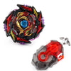 A metal spinning top battle set featuring a red and black design with a blue center and a string launcher.
