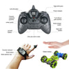 A remote control device for a stunt car with various buttons and a gesture sensing system shown alongside a wrist watch and t