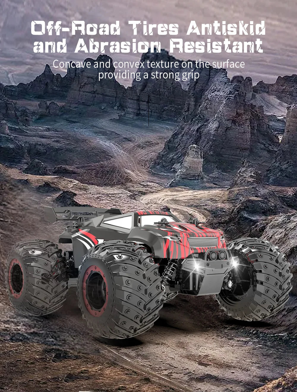 A black and red 1:18 scale 4WD off-road RC monster truck is shown on a rugged, rocky terrain.