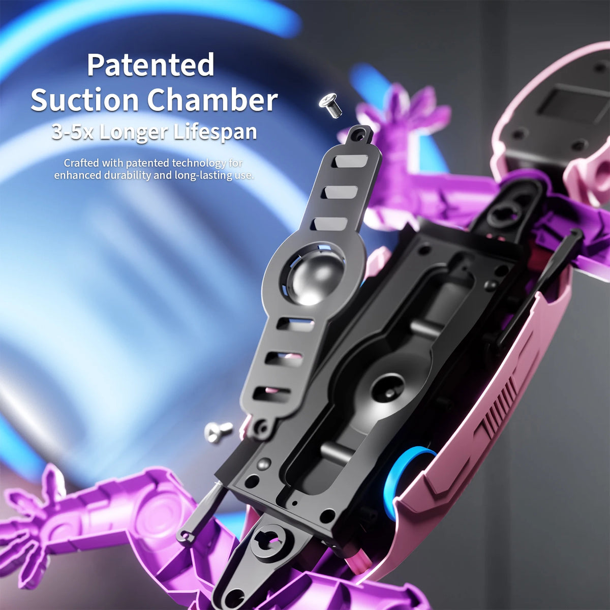 A close-up of a purple wall-climbing gecko remote control toy with a black suction chamber component.