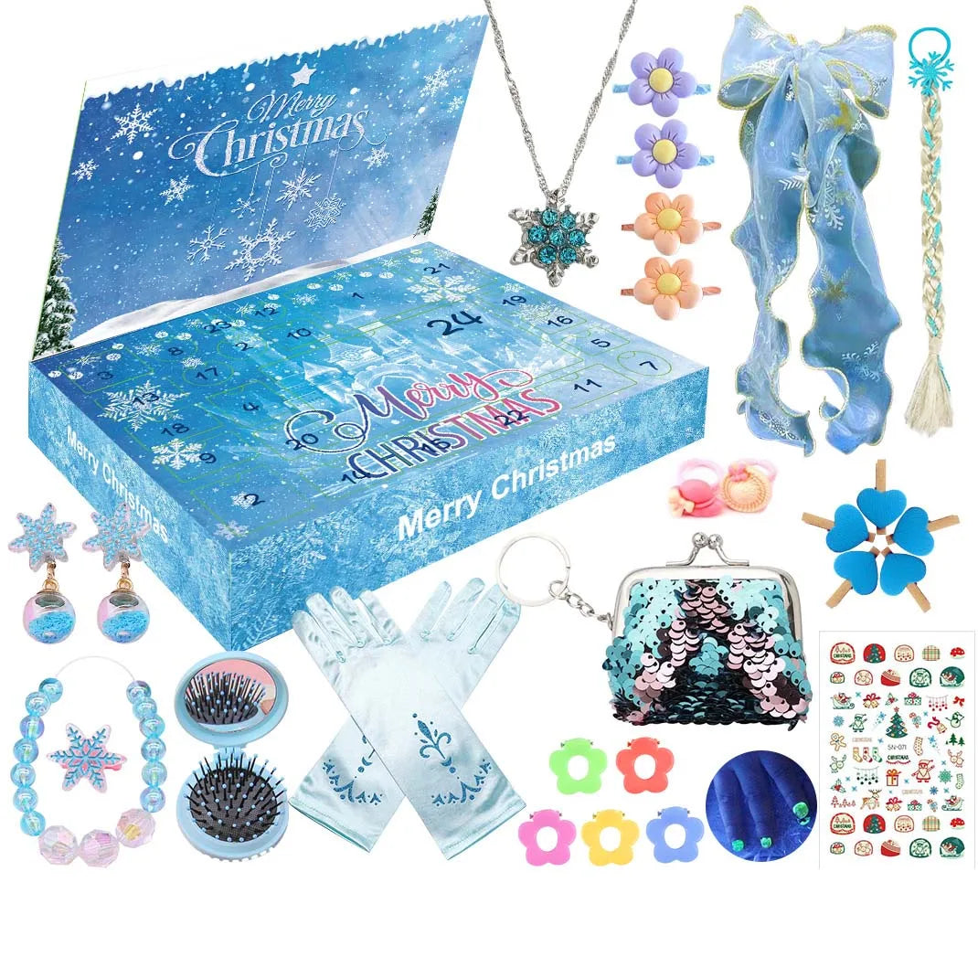 A blue advent calendar box featuring mermaid-themed jewelry, including necklaces, earrings, gloves, and various small gifts.