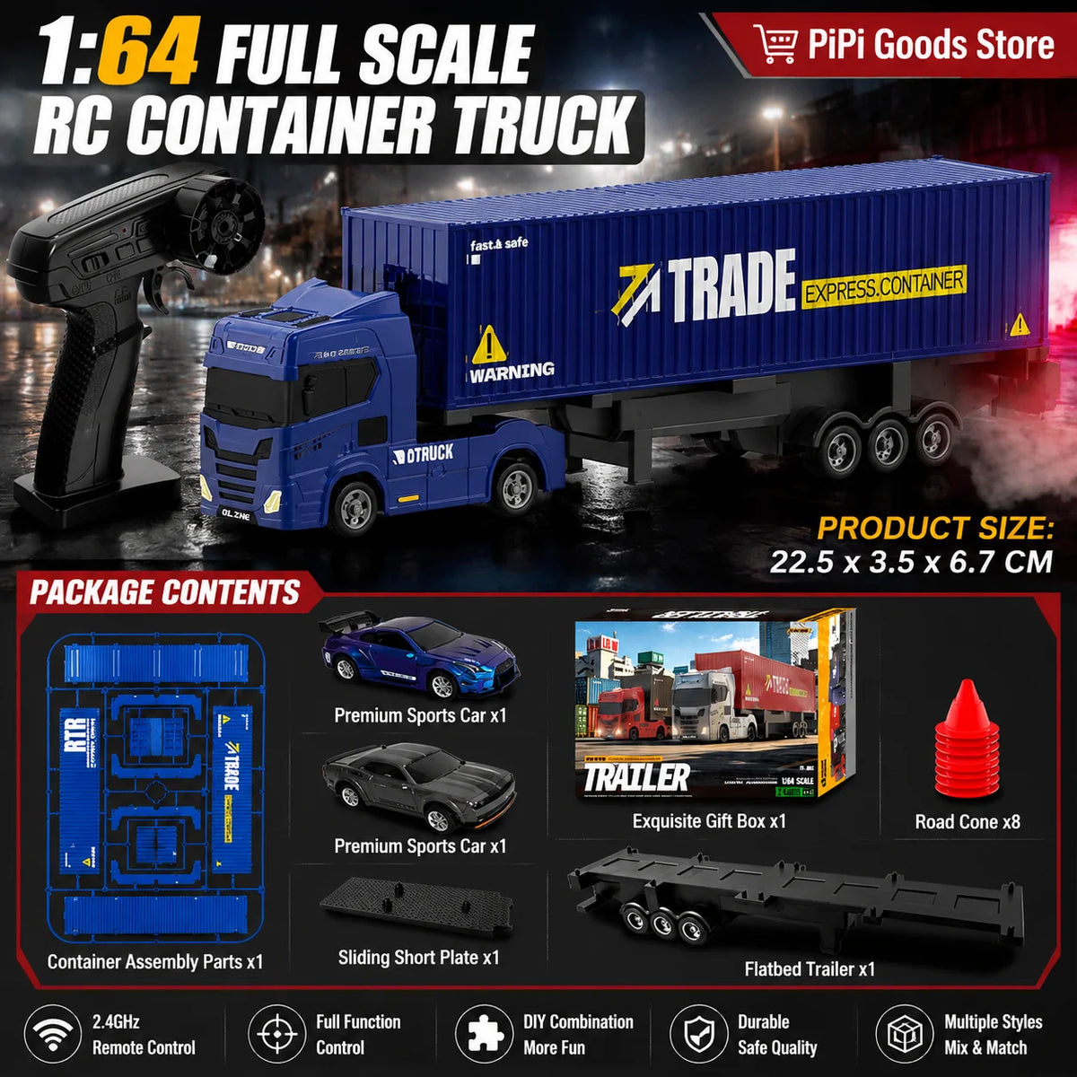 A blue RC container truck model with a trailer and various accessory parts shown in a dark setting.
