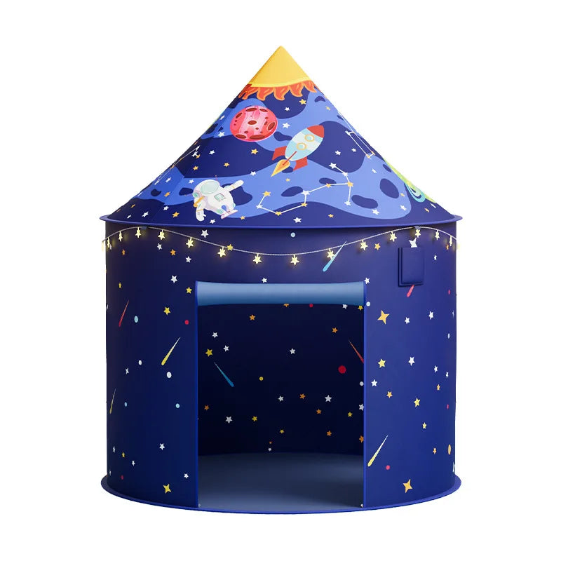 A blue rocket ship pop-up play tent with a conical roof and starry pattern.