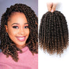 Close-up photo of a woman smiling while wearing pre-looped passion twist crochet hair in brown tones.