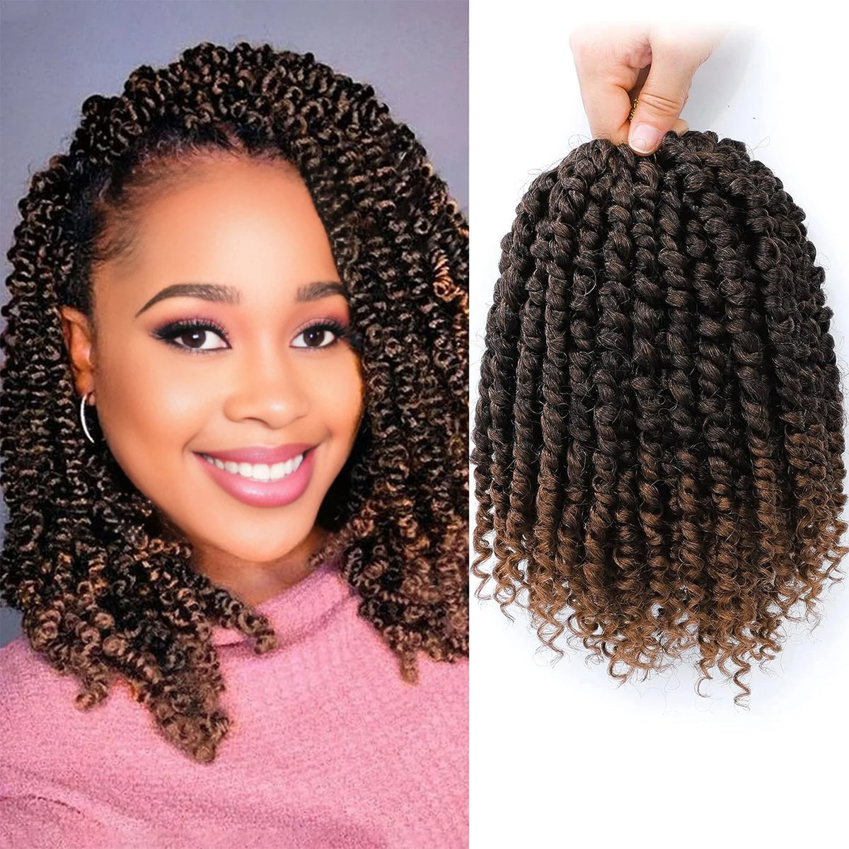Close-up photo of a woman smiling while wearing pre-looped passion twist crochet hair in brown tones.