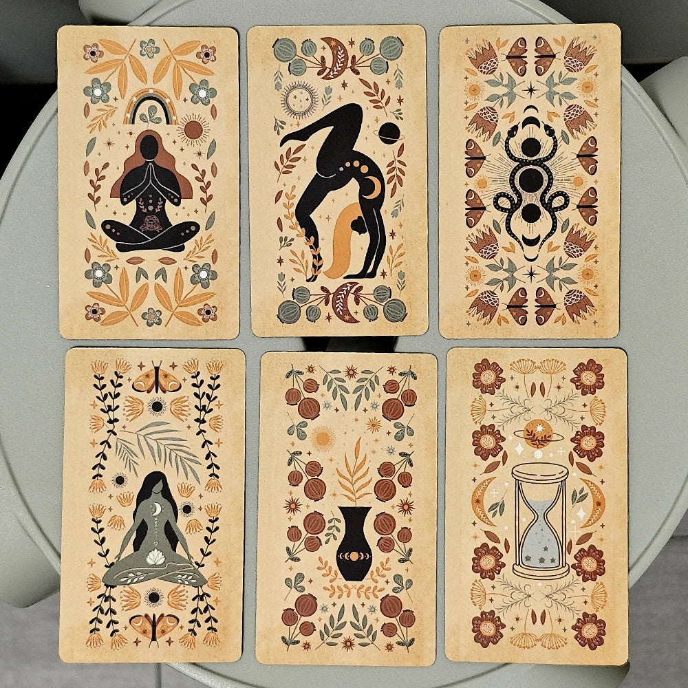 A set of ten inspirational oracle cards featuring nature and mystical imagery on light beige backgrounds.