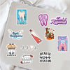 A collection of dental-themed stickers including teeth, a dentist, and a dental hygienist on a light gray background.