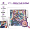 A colorful diamond painting of a cat's face featuring vibrant blues, purples, and greens.
