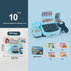 A blue interactive cash register toy with lights and sounds, packaged with imitation bank cards.