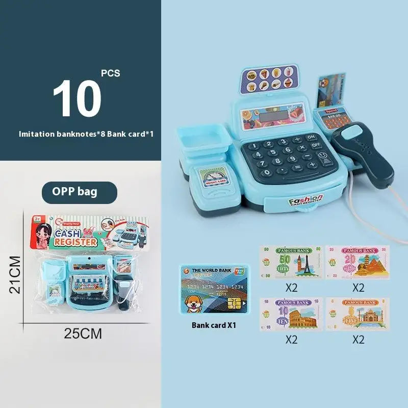 A blue interactive cash register toy with lights and sounds, packaged with imitation bank cards.