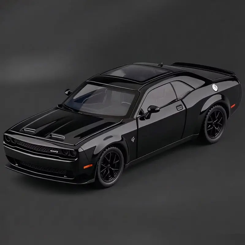 A black Dodge Challenger SRT Hellcat diecast model car viewed from the side.