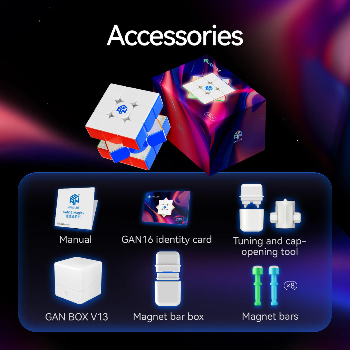 Accessories for the GAN 16 Maglev Max UV 3x3 Magnetic Speed Cube including a manual, identity card, box, and magnetic bars