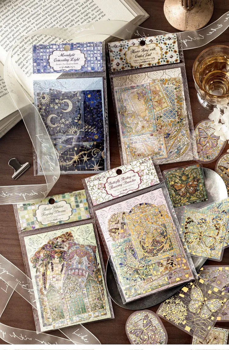 A collection of decorative PET stickers featuring floral and celestial designs for journaling and scrapbooking