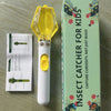 A white handheld insect catcher with a yellow magnifying lens is shown next to its packaging box.