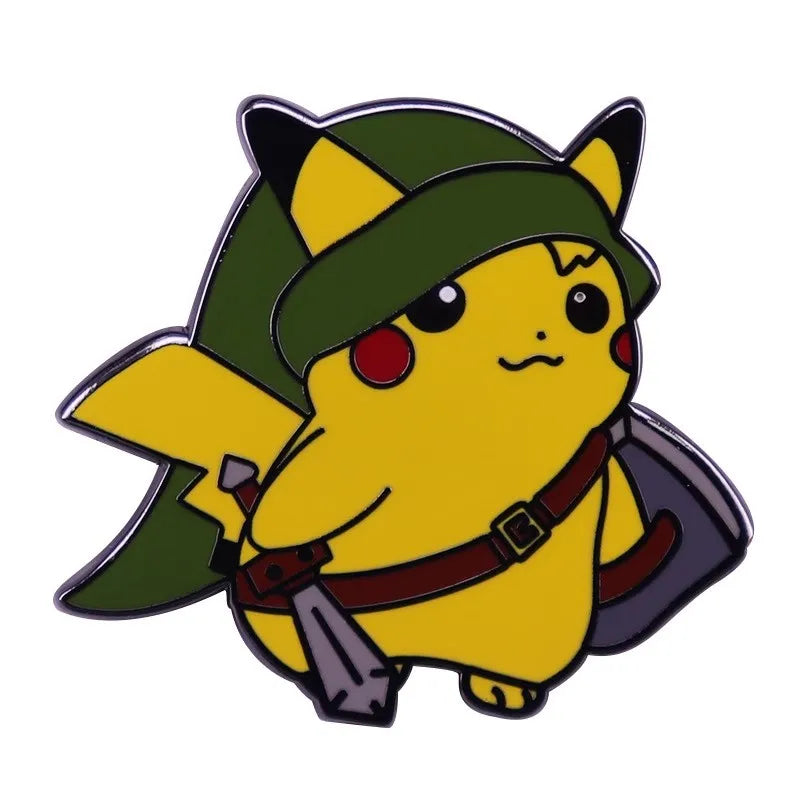 An enamel pin featuring a yellow Pokémon character with green hair and a brown belt.