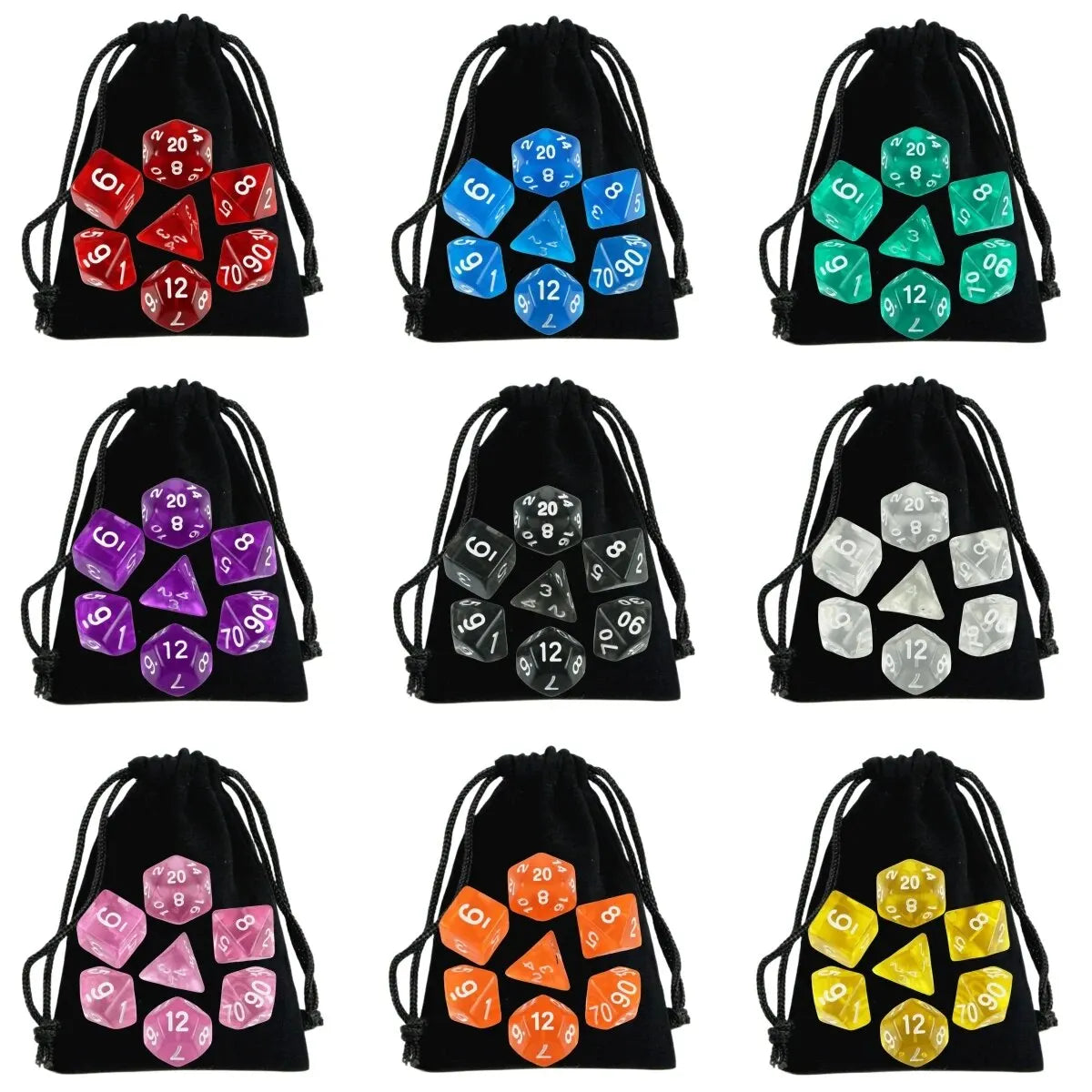 A set of transparent polyhedral dice in various colors and shapes displayed against a black background.
