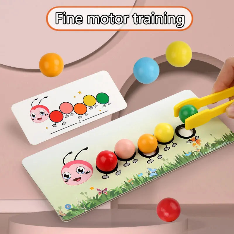 A wooden caterpillar clip beads game featuring colorful balls and a caterpillar figure for fine motor training.
