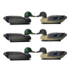 A set of six lifelike floating duck decoys with keels, featuring olive green and yellow plumage.