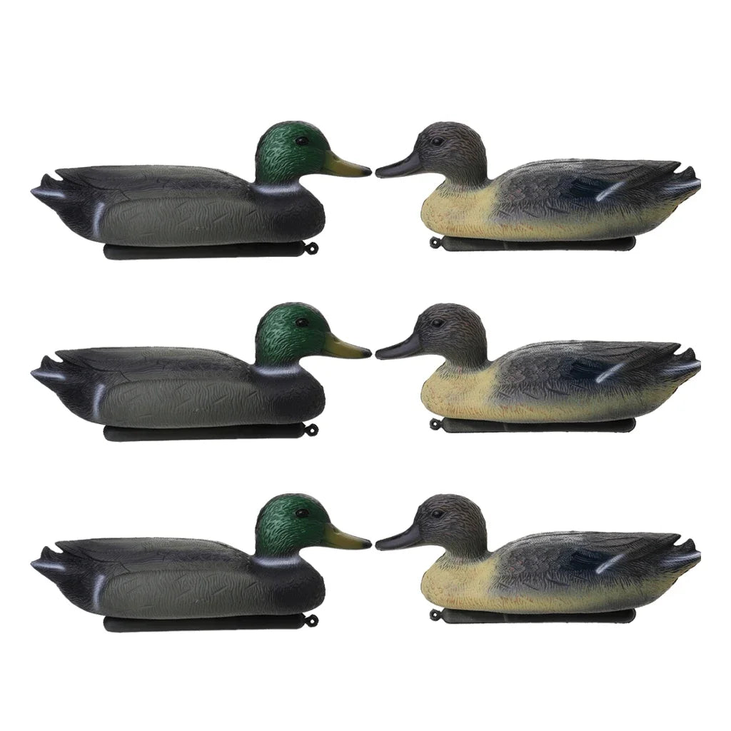 A set of six lifelike floating duck decoys with keels, featuring olive green and yellow plumage.