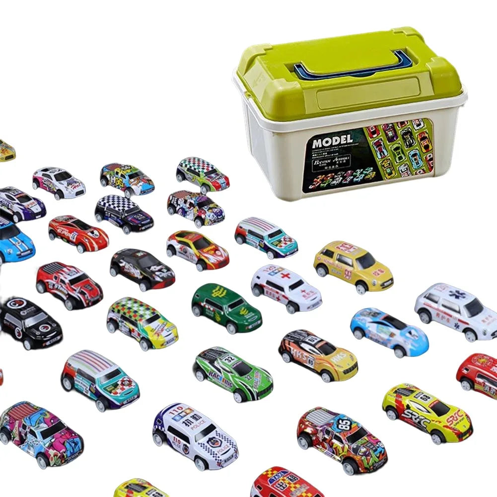 A yellow storage bucket filled with various mini pull-back cars in different colors and models.