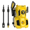 Yellow and black electric pressure washer with a foam cannon and various nozzles.
