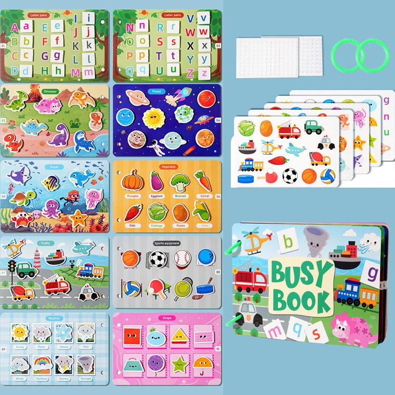 A colorful interactive learning book with reusable stickers and letters for toddlers.