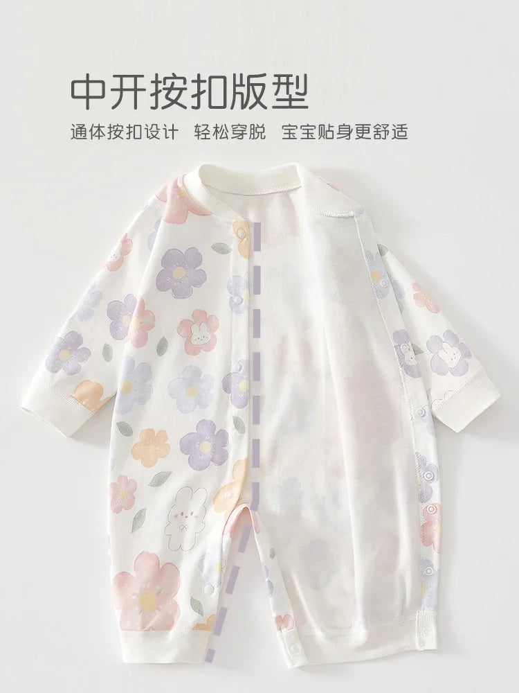 White cotton long sleeve baby romper with floral patterns for spring and autumn