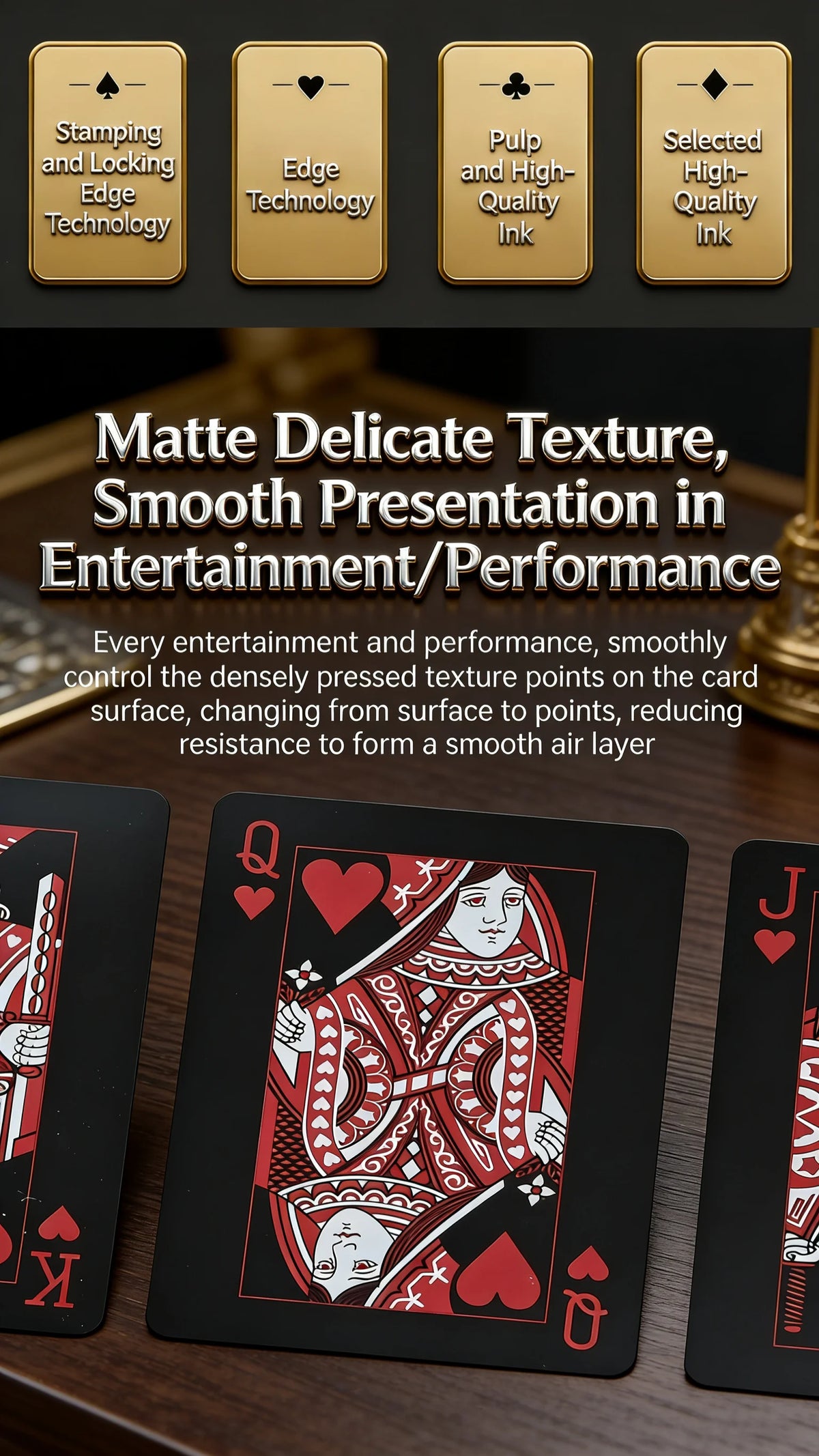 A set of matte playing cards featuring detailed artwork and specialized printing technologies.