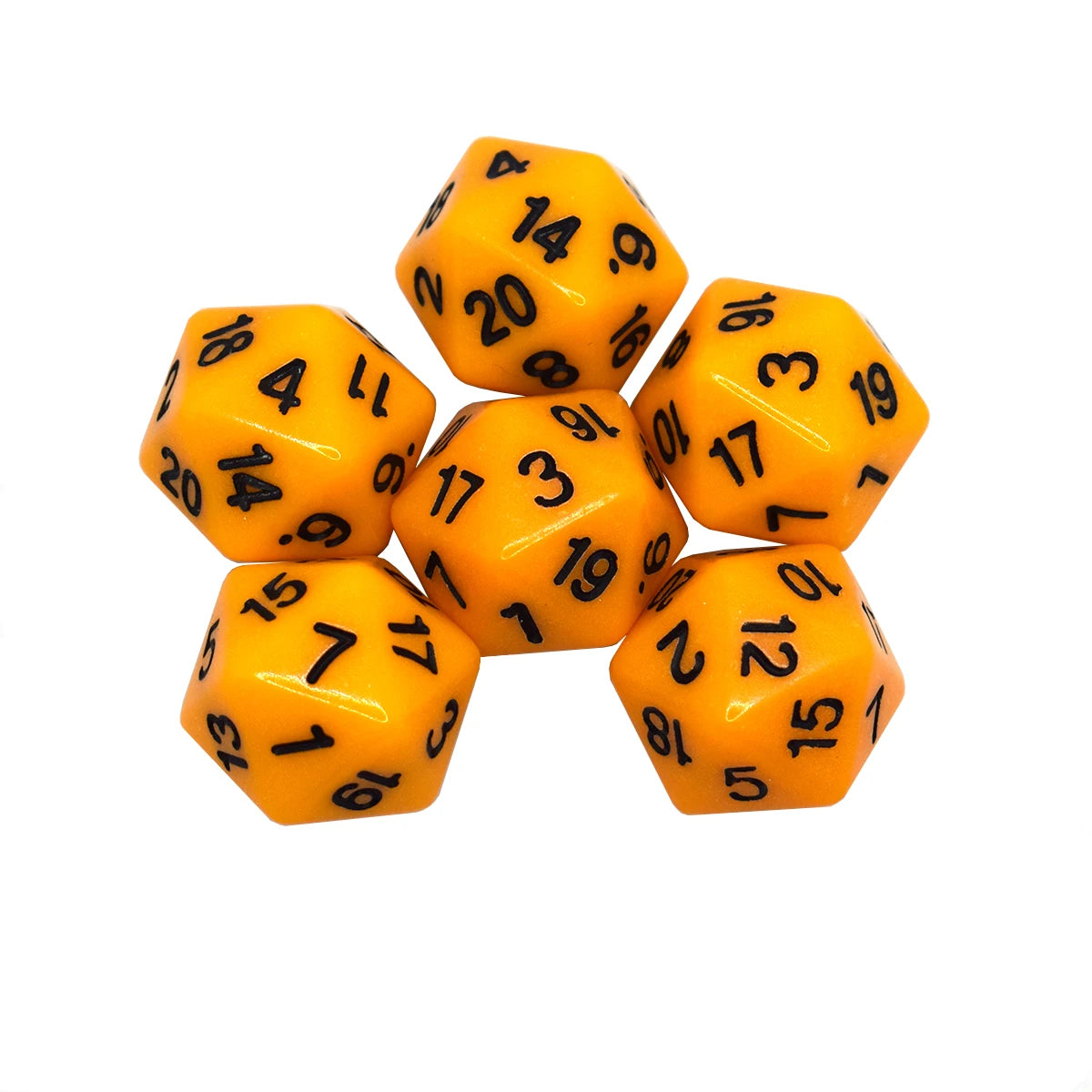 A set of ten orange polyhedral dice, including a d10 and d20, scattered on a white background.