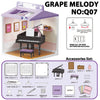 A purple miniature dollhouse featuring a piano and various furniture pieces for DIY assembly.