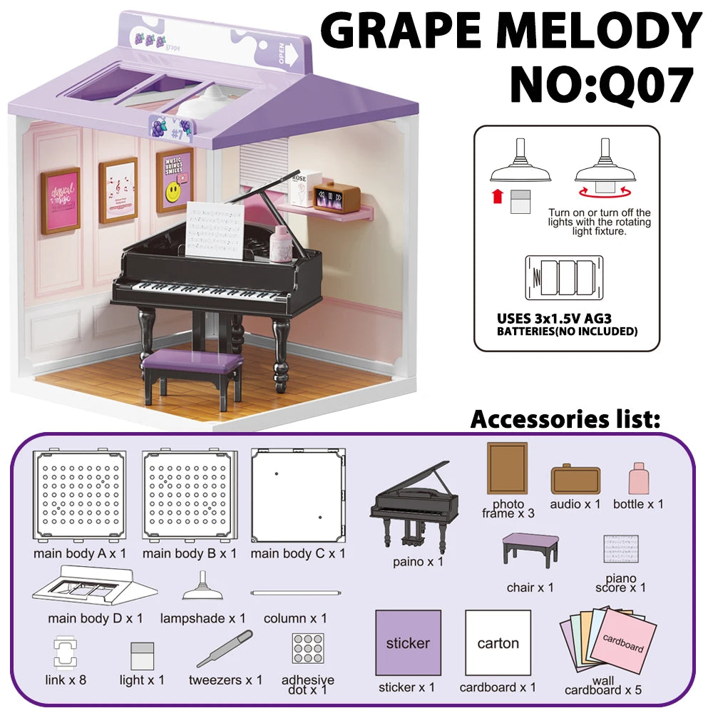 A purple miniature dollhouse featuring a piano and various furniture pieces for DIY assembly.