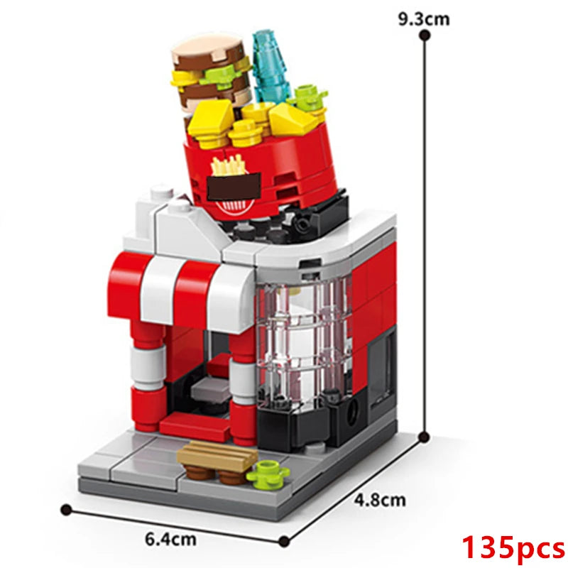 A red and white building block set depicting a mini city shop with various accessories and a display window.