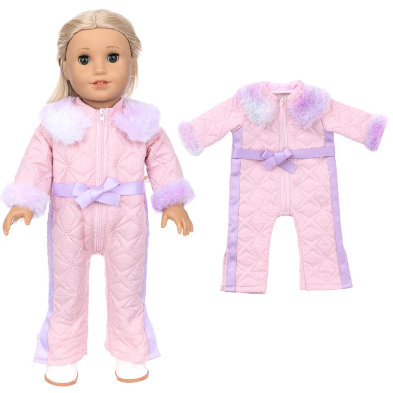 A pink winter doll coat and dress outfit for an 18-inch doll featuring purple accents and fluffy trim.