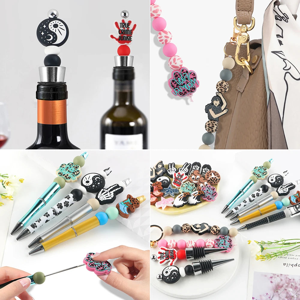 A collection of printable silicone beads in various colors and shapes for jewelry making, including round, black, and floral 