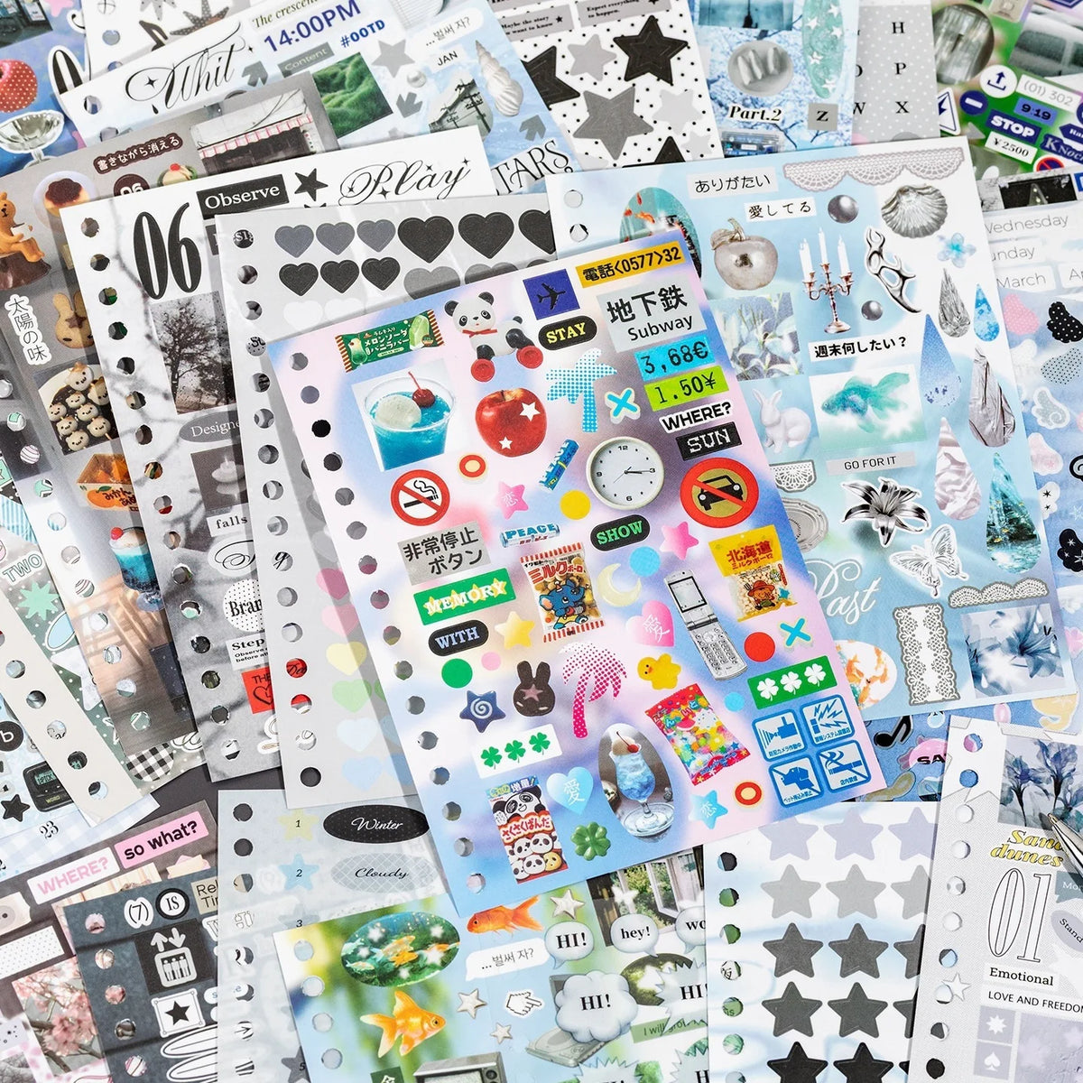 A collection of Kawaii K-pop stickers and photocards featuring various characters and designs for journaling and crafts