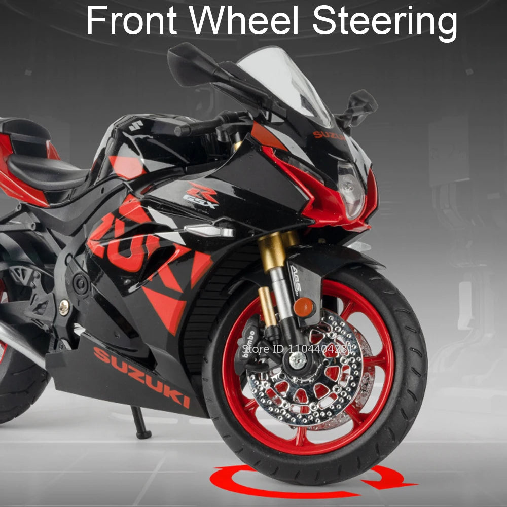 Front wheel steering mechanism on a black and red Suzuki motorcycle model.