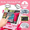 A pink pretend play cash register with a real calculator and coin slot for kids