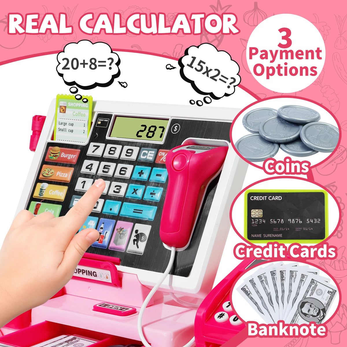 A pink pretend play cash register with a real calculator and coin slot for kids