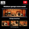 A miniature garage scene model featuring a vintage American repair shop with an acrylic display.