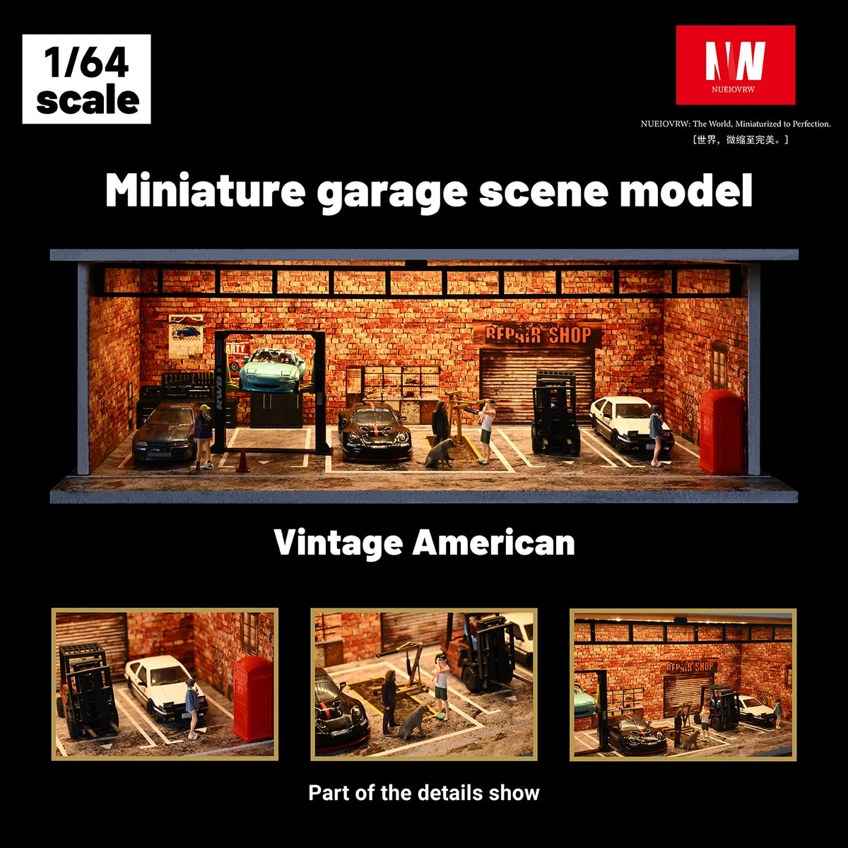 A miniature garage scene model featuring a vintage American repair shop with an acrylic display.