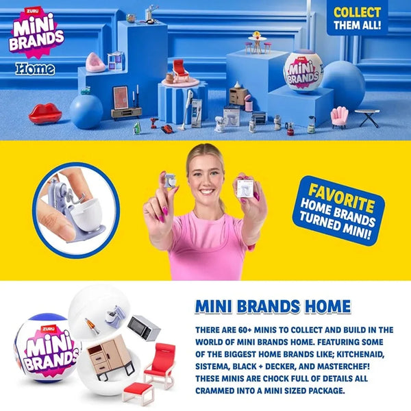 Et udvalg af Mini Brands møbler i forskellige farver og størrelser på en blå baggrund.