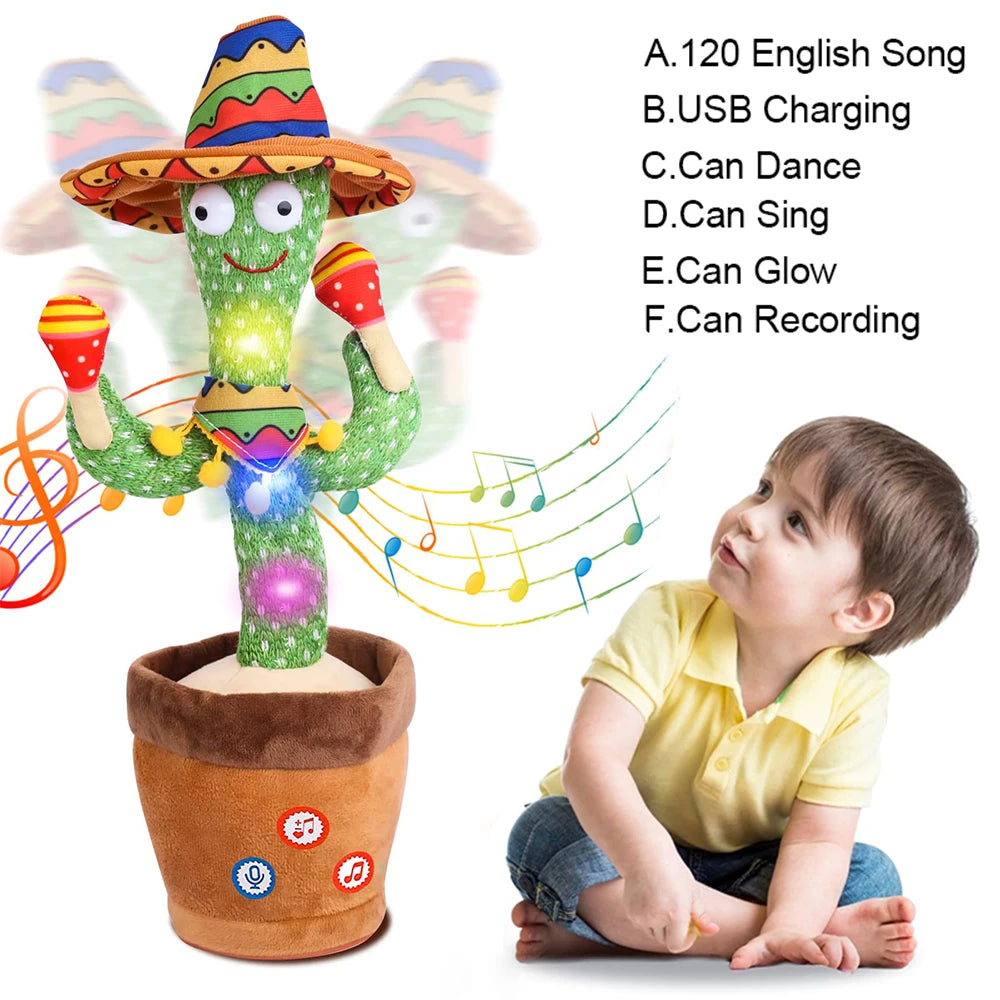 A colorful cactus toy with musical notes and various features like singing, dancing, and recording.