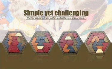 A row of five wooden hexagon tangram puzzles with colorful geometric shapes.
