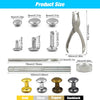 A set of double cap rivets, including various sizes and installation tools like pliers and punches, shown with different meta