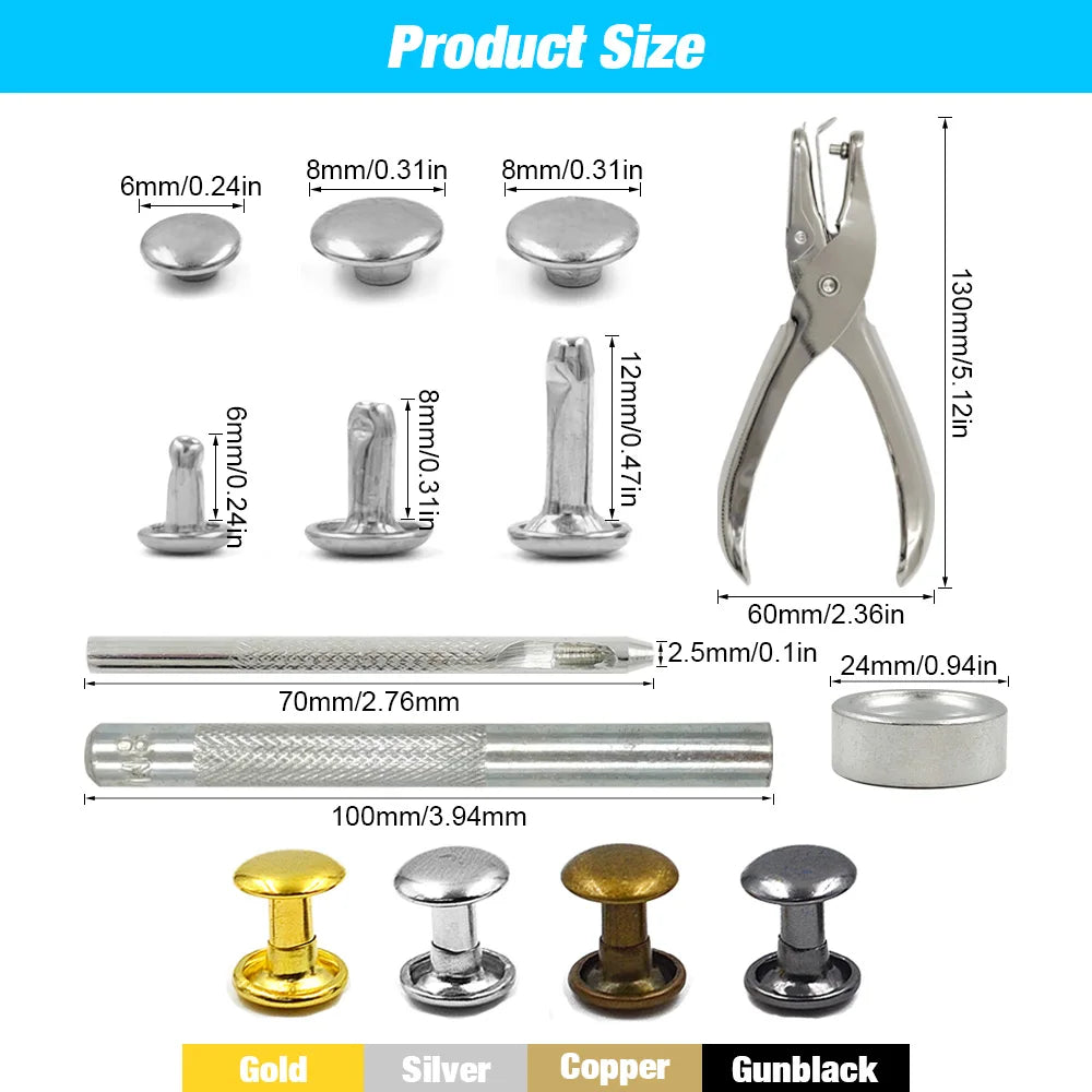 A set of double cap rivets, including various sizes and installation tools like pliers and punches, shown with different meta
